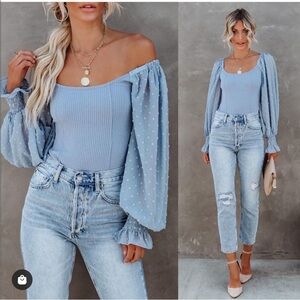Vici Light Blue Off-Shoulder Puff Sleeve Ribbed Bodysuit
